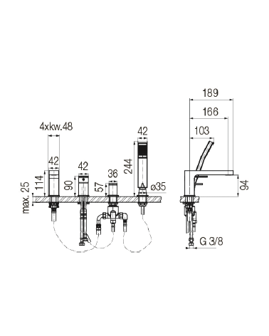 ARS Satin Cooper Bateria wannowa 4-otworowa stojąca z akcesoriami
