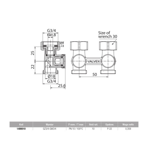Zawór grzejnikowy podwójny odcinający, prosty, GZ3/4 - GW3/4
