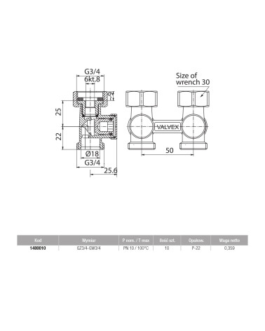 Zawór grzejnikowy podwójny odcinający, prosty, GZ3/4 - GW3/4
