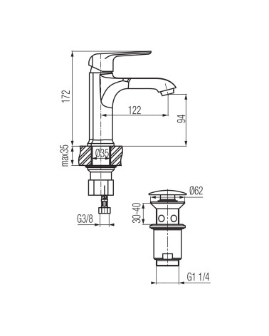 Bateria umywalkowa stojąca z automatycznym korkiem spustowym