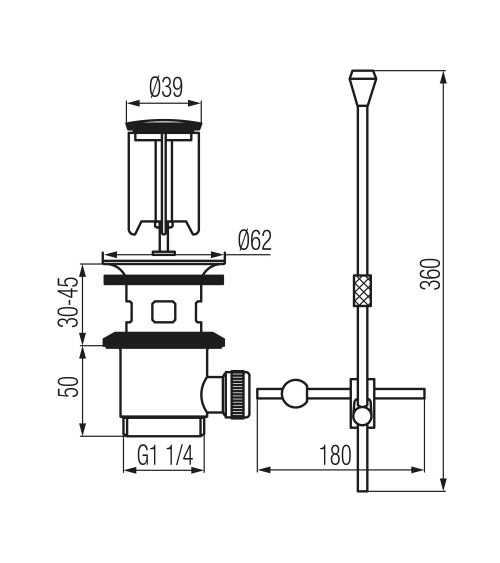 Korek spustowy metalowy z cięgnem