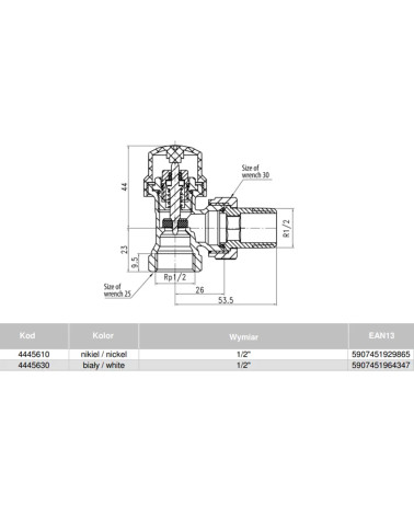 Termostatyczny zawór grzejnikowy, kątowy DN 15, niklowany, 2-elem., GZ 3/4'' - GW 3/4''