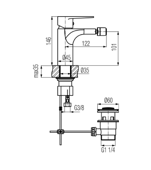 Bateria bidetowa stojąca z mechanicznym korkiem spustowym