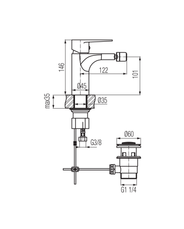 Bateria bidetowa stojąca z mechanicznym korkiem spustowym